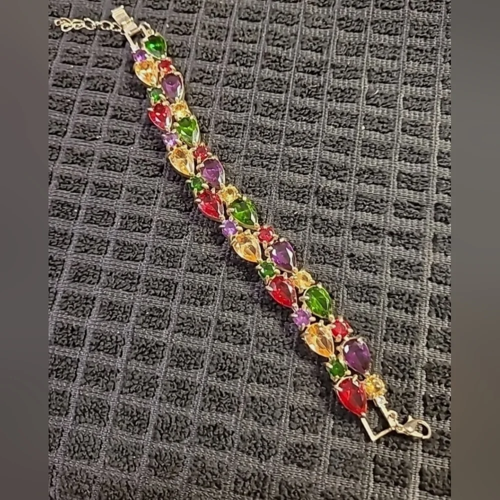 Large Bling Multi-Colored Glass Gem Stones Teardrop 7" Silver Bracelet 1/2" - Picture 4 of 7